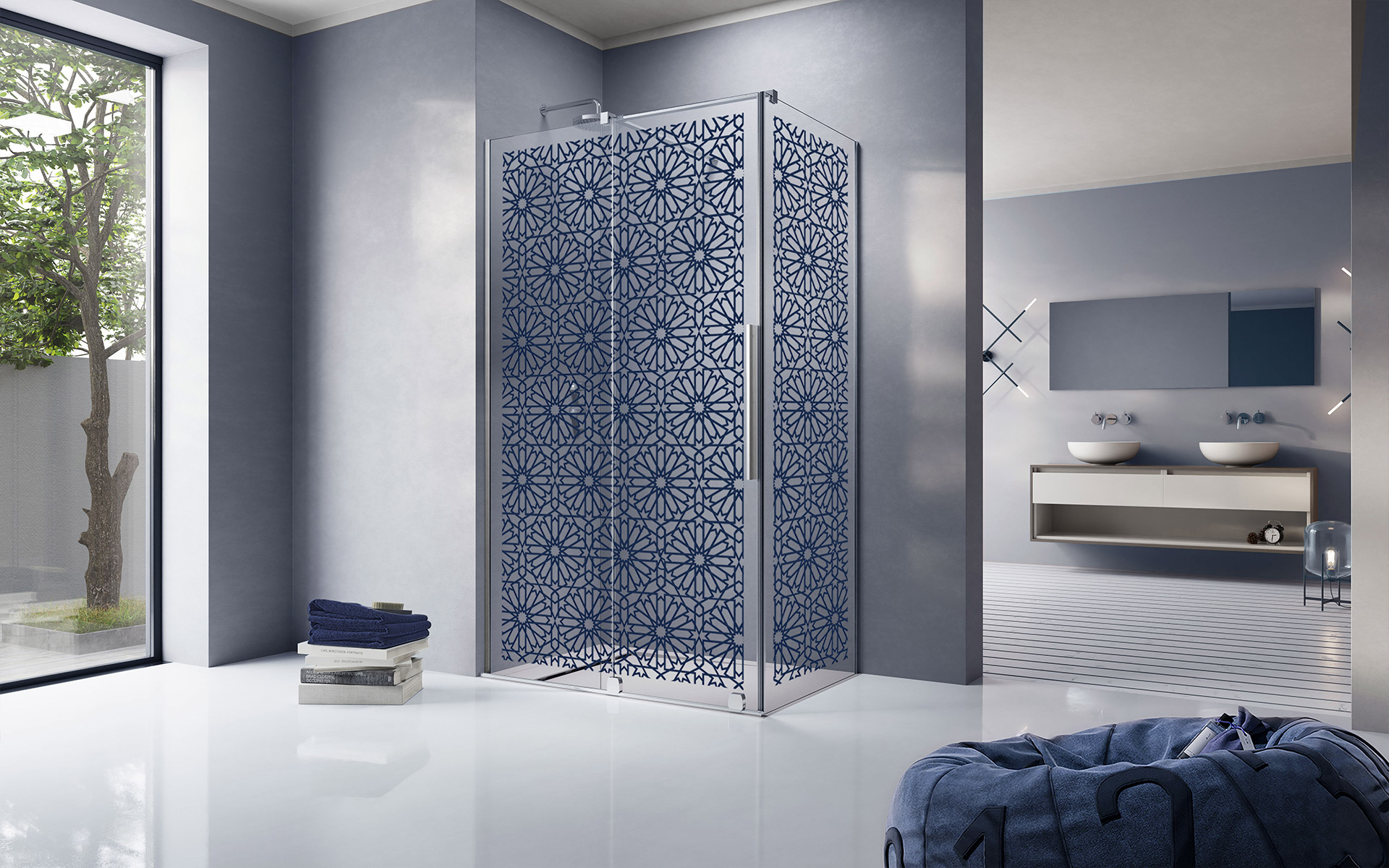 niebieski wzór na kabinie prysznicowej